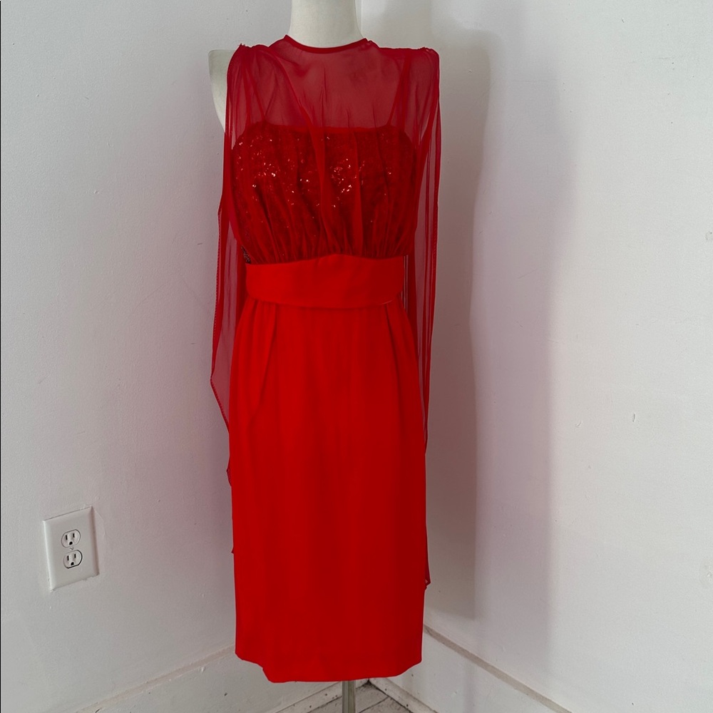 Vintage 50s/60s Sequin Red Mini With Chiffon Train Overlay